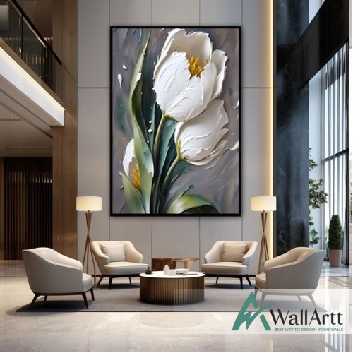 White Tulips 3d Heavy Textured Partial Oil Painting - Wall Art