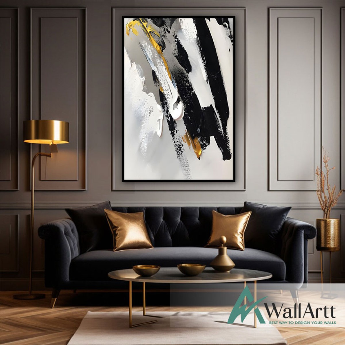 Black White with Gold 3d Heavy Textured Partial Oil Painting -Wall Art