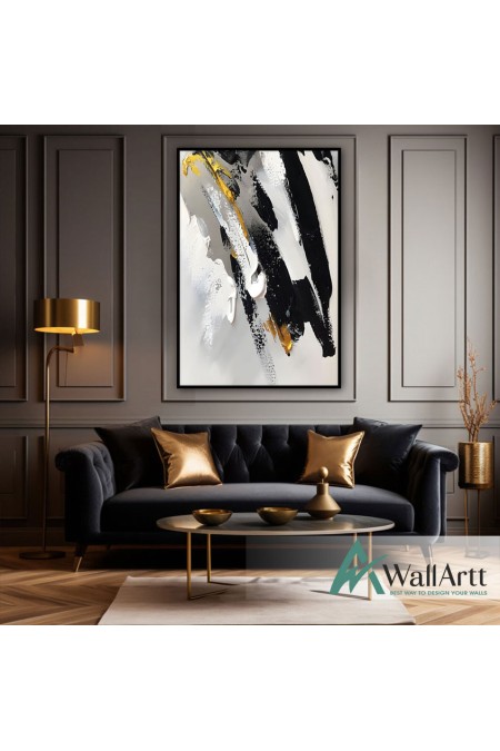 Black White with Gold 3d Heavy Textured Partial Oil Painting -Wall Art