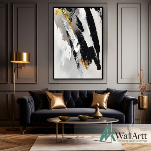 Black White with Gold 3d Heavy Textured Partial Oil Painting -Wall Art