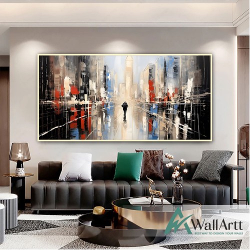 Abstract Blue Street 3D Heavy Textured Partial Oil Painting - Wall Art