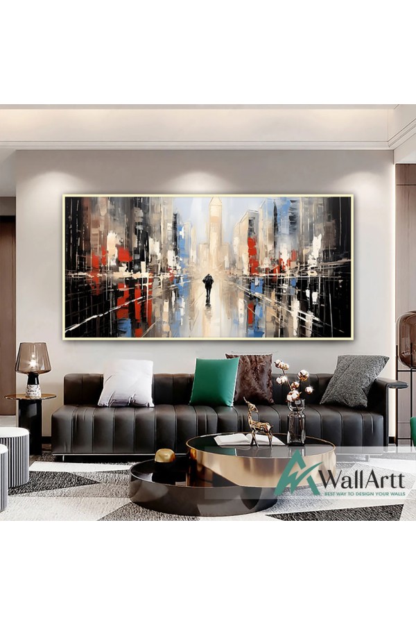 Abstract Blue Street 3D Heavy Textured Partial Oil Painting - Wall Art