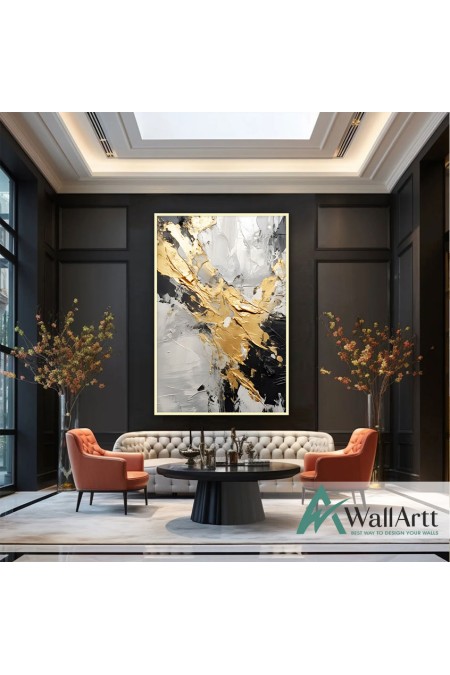 Black White with Gold Foil III 3d Heavy Textured Partial Oil Painting - Wall Art