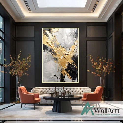 Black White with Gold Foil III 3d Heavy Textured Partial Oil Painting - Wall Art