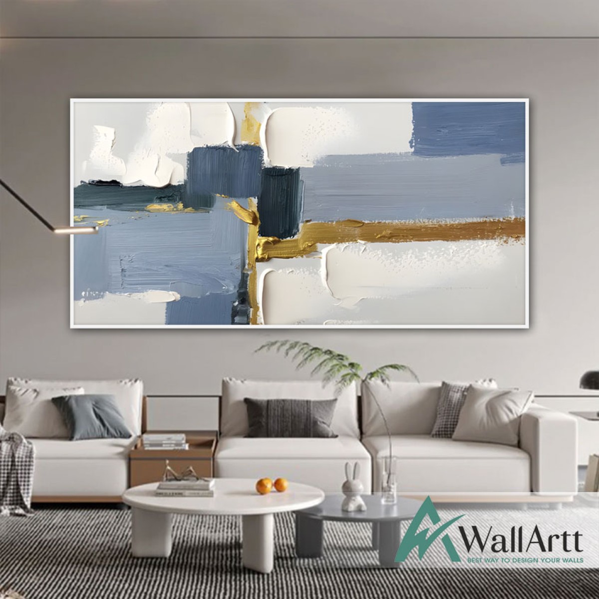 Gold blue Abstract 3d Heavy Textured Partial Oil Painting - Wall Art