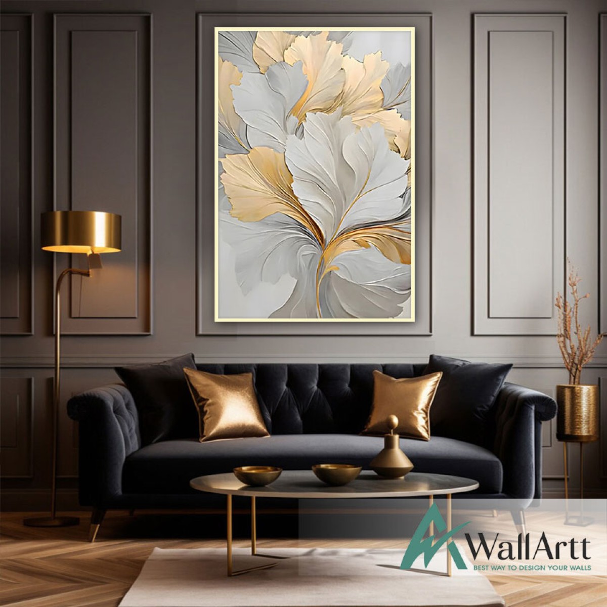 Gold White Leaves 3d Heavy Textured Partial Oil Painting - Wall Art