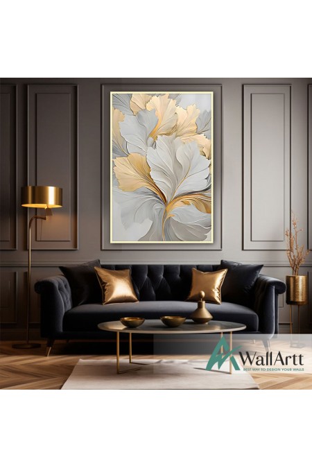 Gold White Leaves 3d Heavy Textured Partial Oil Painting - Wall Art