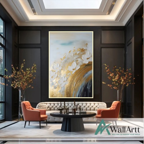 Abstract White Flowers with Gold 3d Heavy Textured Partial Oil Painting - Wall Art