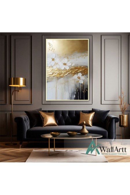 Abstract White Flowers with Gold II 3d Heavy Textured Partial Oil Painting - Wall Art