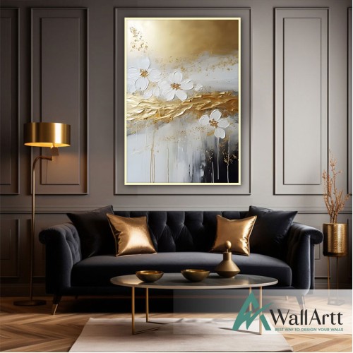 Abstract White Flowers with Gold II 3d Heavy Textured Partial Oil Painting - Wall Art