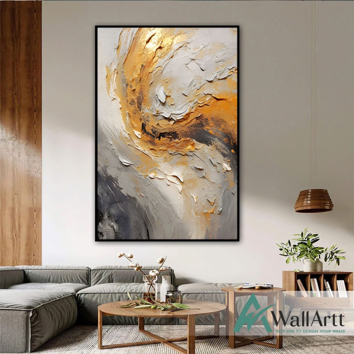 Abstract Grey Orange 3d Heavy Textured Partial Oil Painting - Wall Art