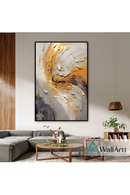 Abstract Grey Orange 3d Heavy Textured Partial Oil Painting - Wall Art