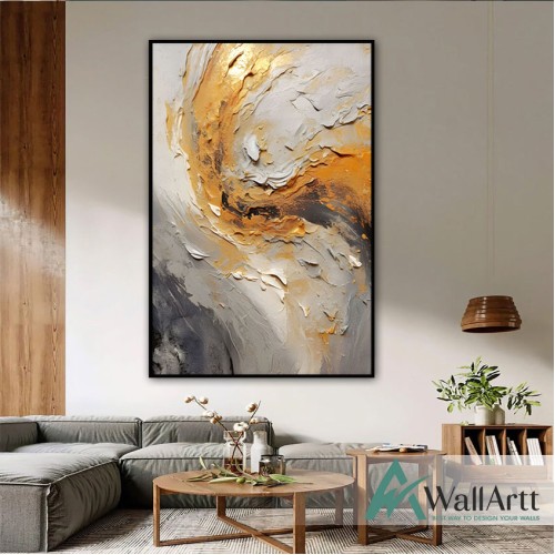 Abstract Grey Orange 3d Heavy Textured Partial Oil Painting - Wall Art