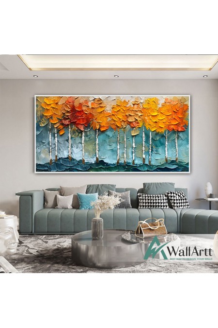 Abstract Orange Forest 3d Heavy Textured Partial Oil Painting - Wall Art