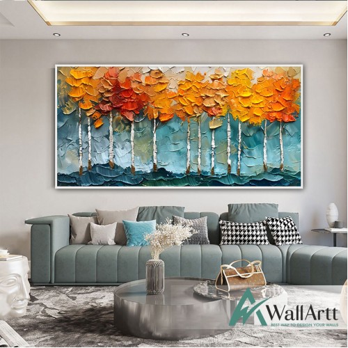 Abstract Orange Forest 3d Heavy Textured Partial Oil Painting - Wall Art