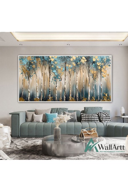 Gold Blue Forest 3d Heavy Textured Partial Oil Painting - Wall Art