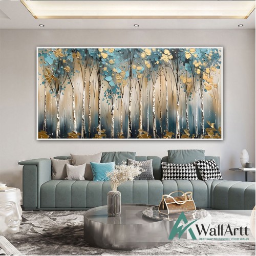 Gold Blue Forest 3d Heavy Textured Partial Oil Painting - Wall Art