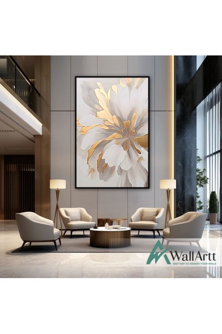 Gold White Leaves II 3d Heavy Textured Partial Oil Painting - Wall Art