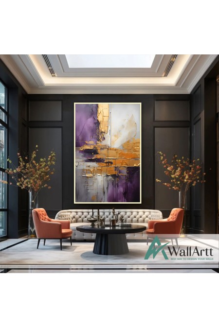 Purple Gold Abstract 3d Heavy Textured Partial Oil Painting - Wall Art