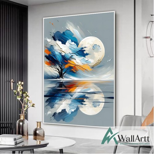 Abstract Blue Tree and the Moon 3d Heavy Textured Partial Oil Painting - Wall Art