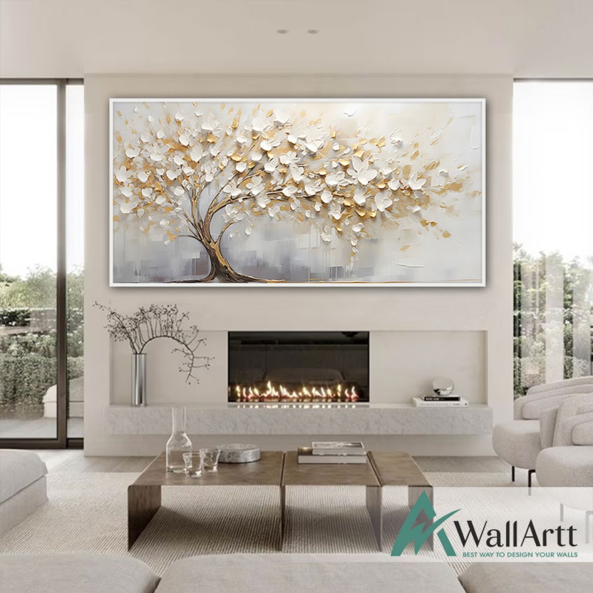 White Gold Tree 3d Heavy Textured Partial Oil Painting - Wall Art