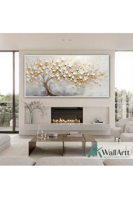 White Gold Tree 3d Heavy Textured Partial Oil Painting - Wall Art