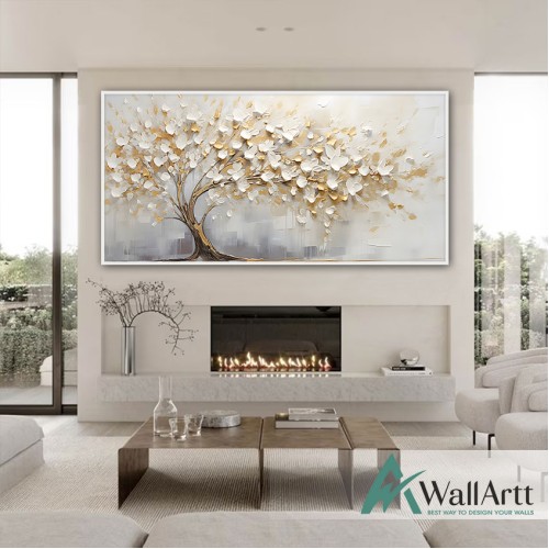 White Gold Tree 3d Heavy Textured Partial Oil Painting - Wall Art