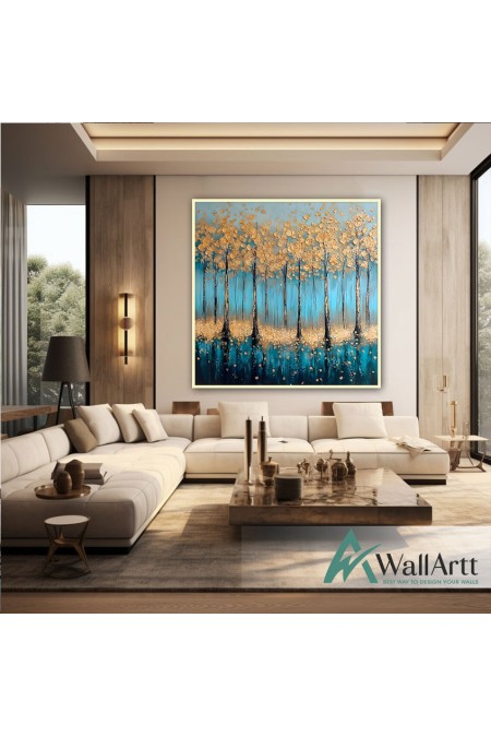 Abstract Blue Forest 3d Heavy Textured Partial Oil Painting - Wall Art