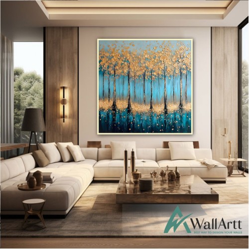 Abstract Blue Forest 3d Heavy Textured Partial Oil Painting - Wall Art