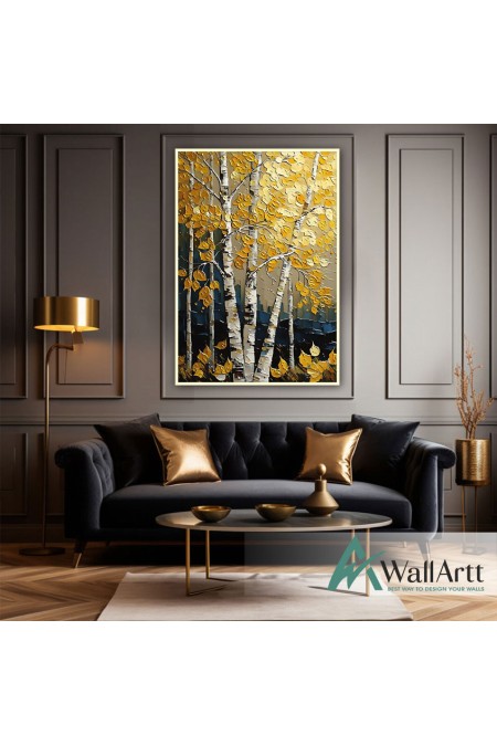 Yellow Gold Tree 3d Heavy Textured Partial Oil Painting - Wall Art