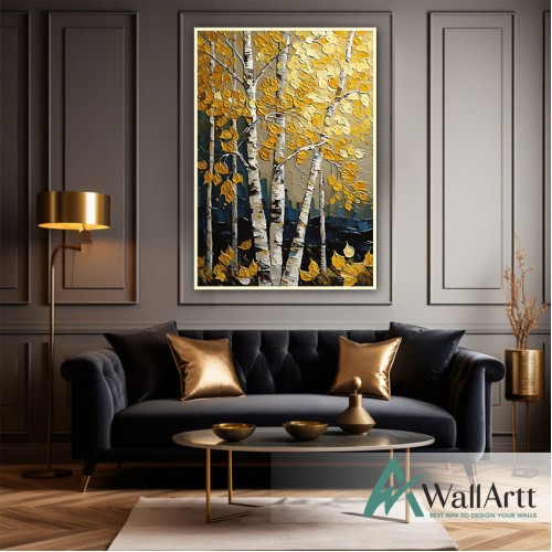 Yellow Gold Tree 3d Heavy Textured Partial Oil Painting - Wall Art