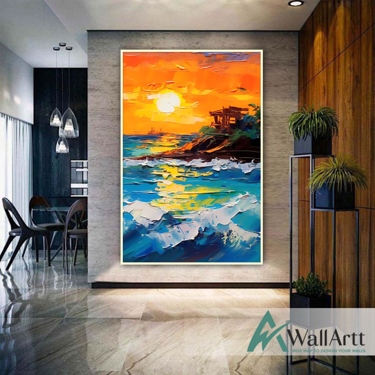 Sunset Coast 3d Heavy Textured Partial Oil Painting - Wall Art