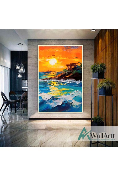 Sunset Coast 3d Heavy Textured Partial Oil Painting - Wall Art