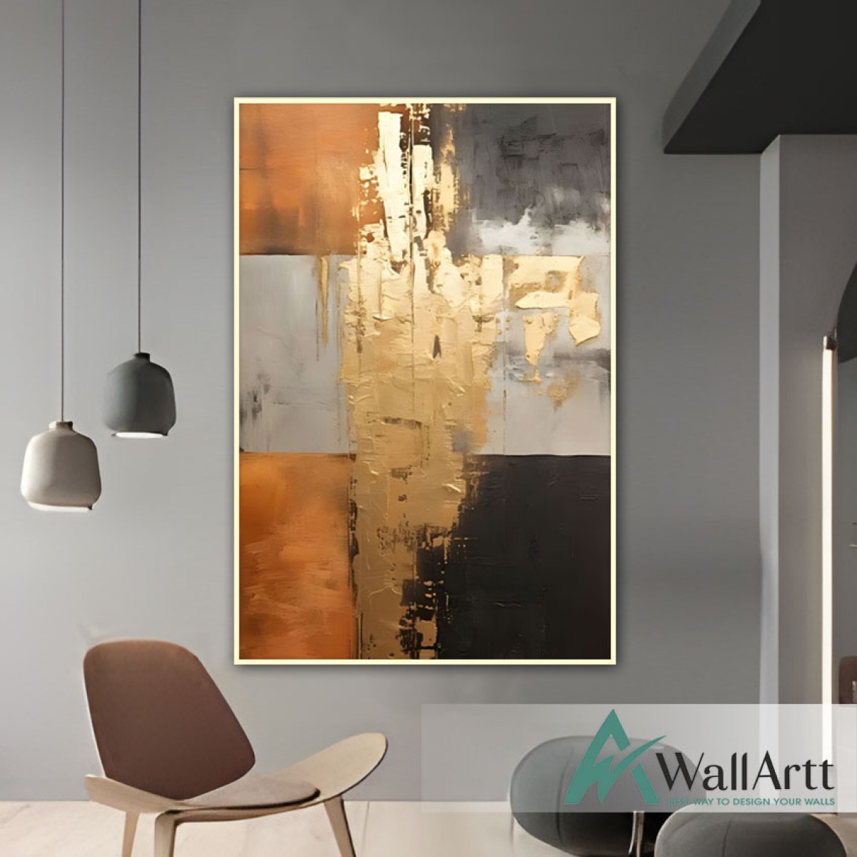 Abstract Gold Foil on Black n Orange Textured Partial Oil Painting