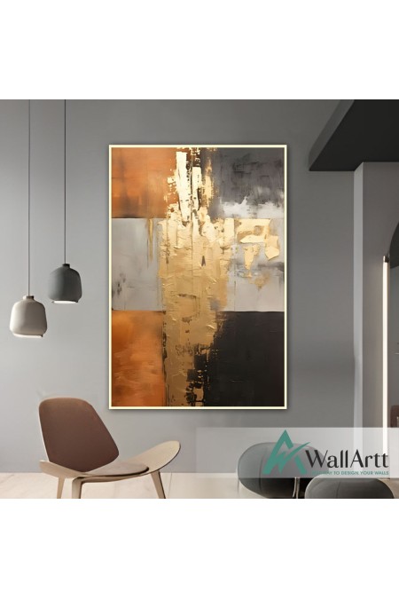 Abstract Gold Foil on Black n Orange Textured Partial Oil Painting