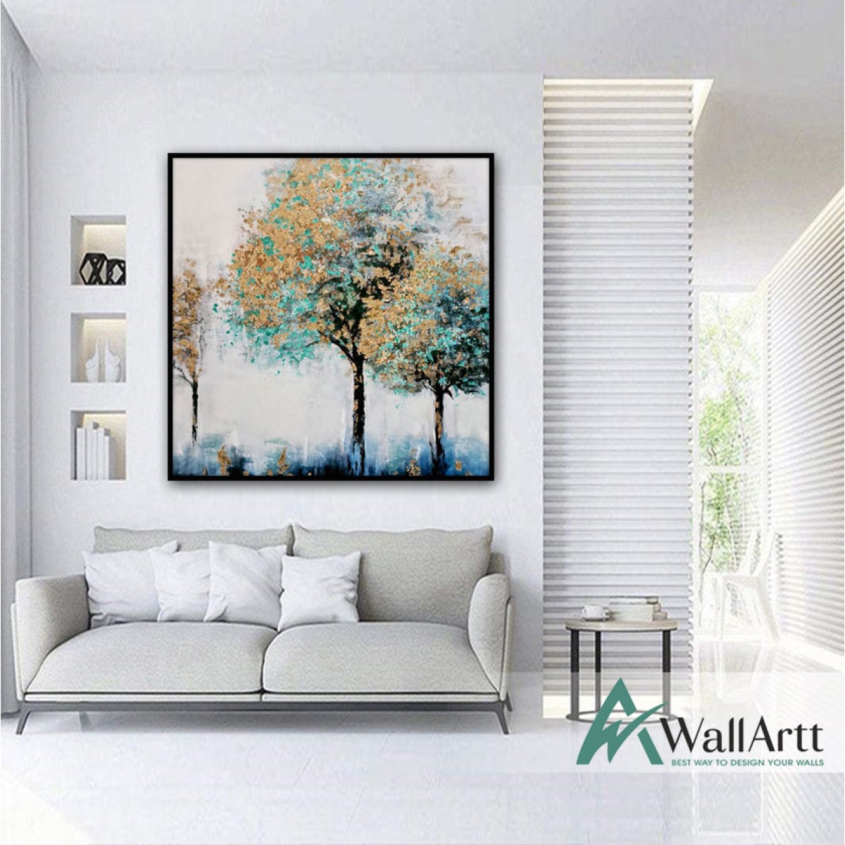 Abstract Gold Blue Trees Textured Partial Oil Painting