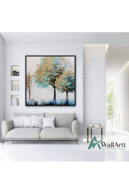 Abstract Gold Blue Trees Textured Partial Oil Painting