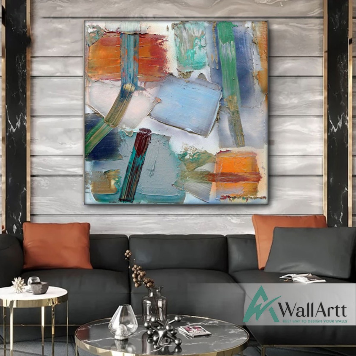 Blue & Orange Abstract Textured Partial Oil Painting