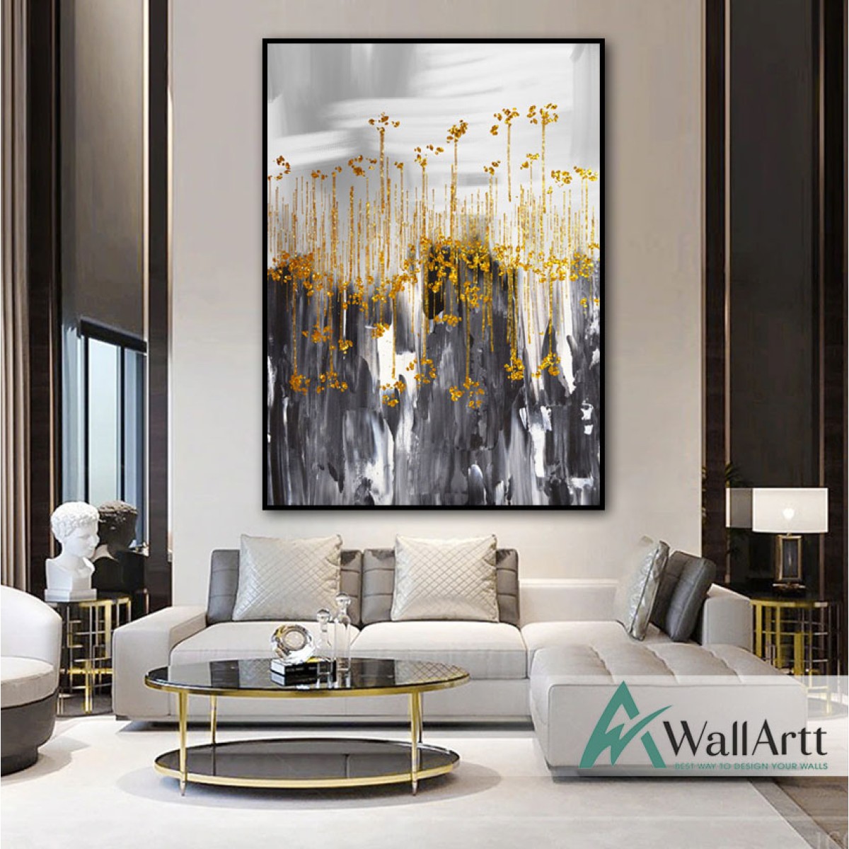Abstract Gold Flowers Textured Partial Oil Painting