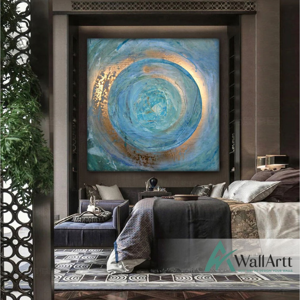 Abstract Blue Shell with Gold Foil Textured Partial Oil Painting