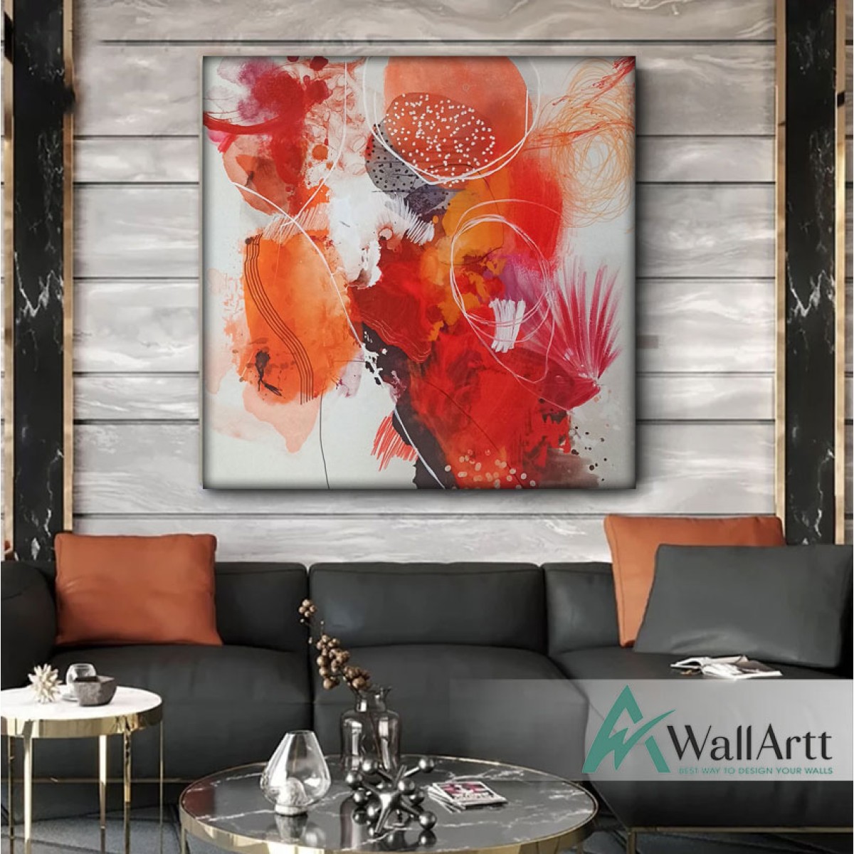 Abstract Orange Red Textured Partial Oil Painting
