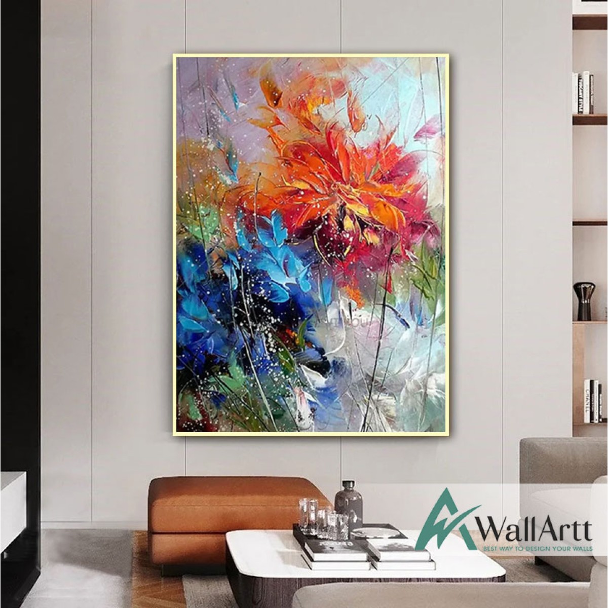 Abstract Blue Orange Flowers Textured Partial Oil Painting