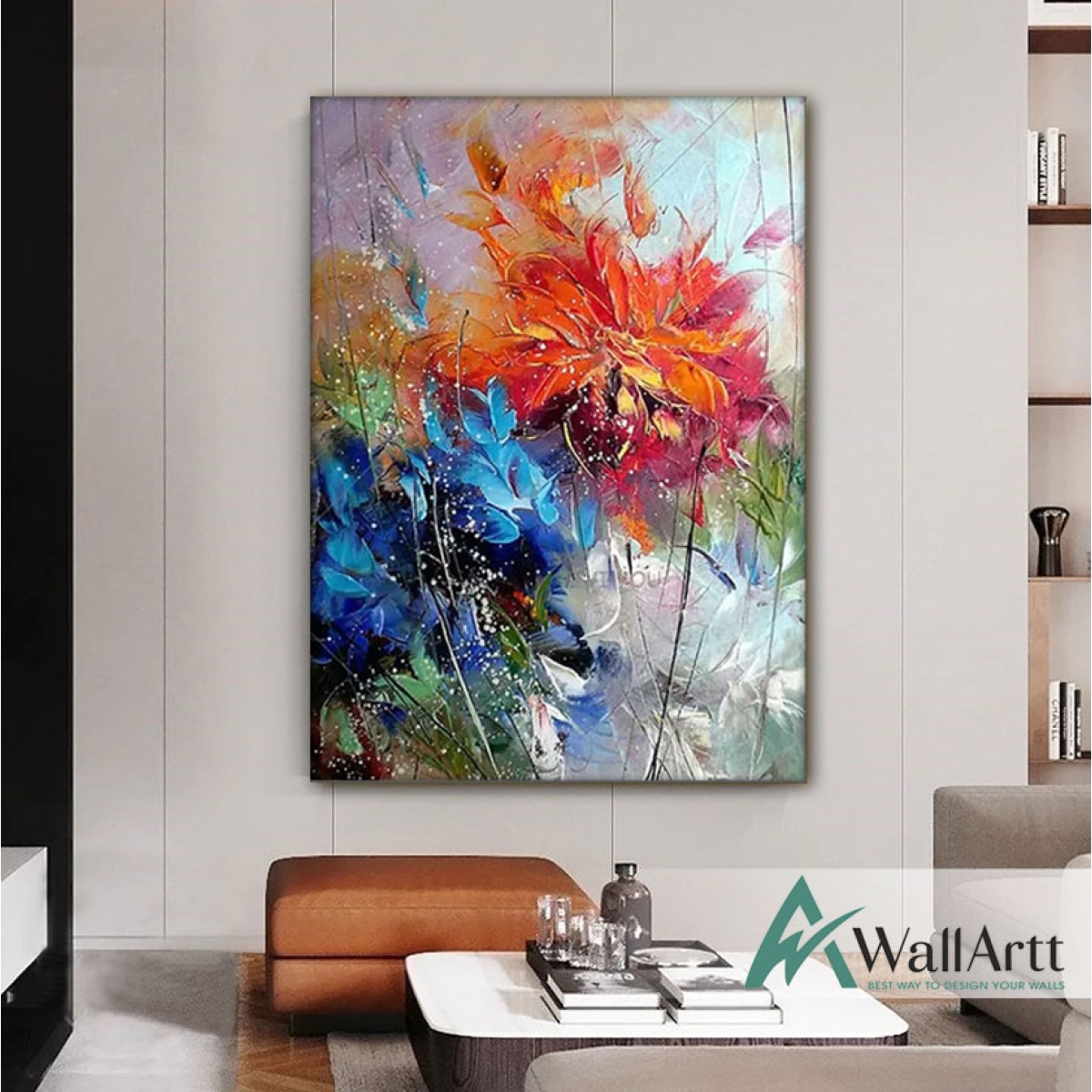 Abstract Blue Orange Flowers Textured Partial Oil Painting