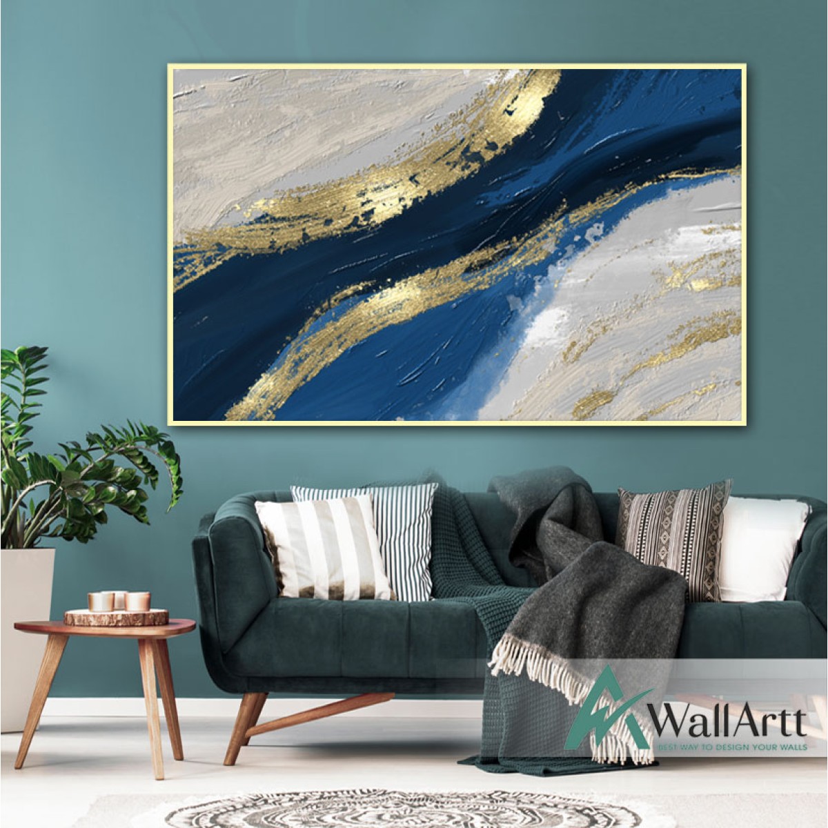 Gold Blue Abstract Textured Partial Oil Painting