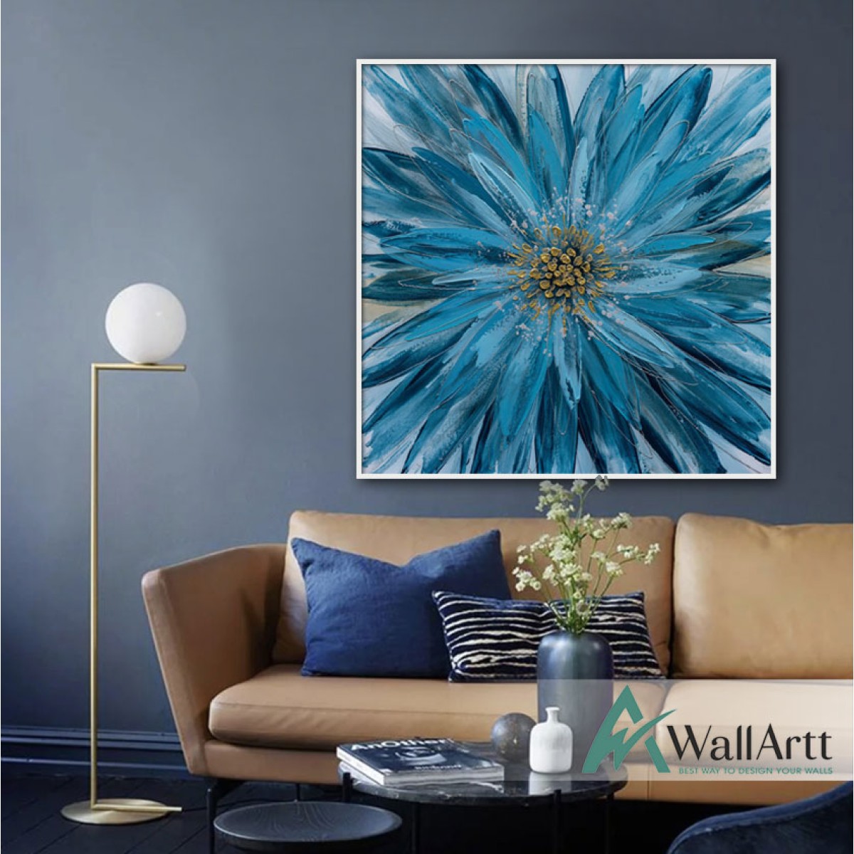 Blue Flower with Gold Textured Partial Oil Painting