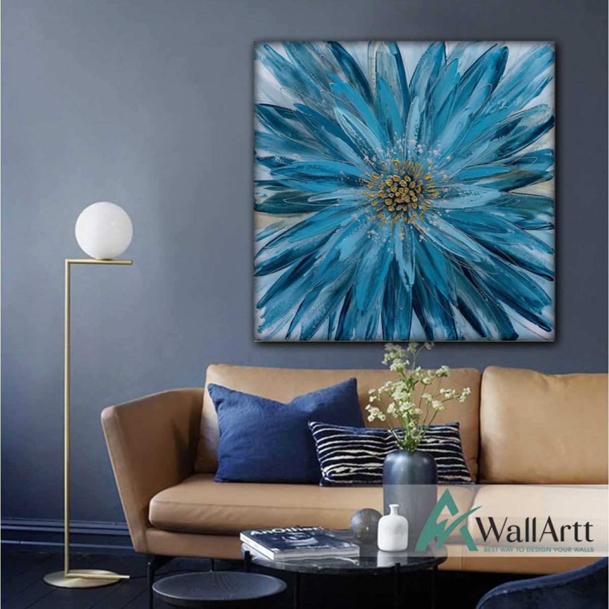 Blue Flower with Gold Textured Partial Oil Painting