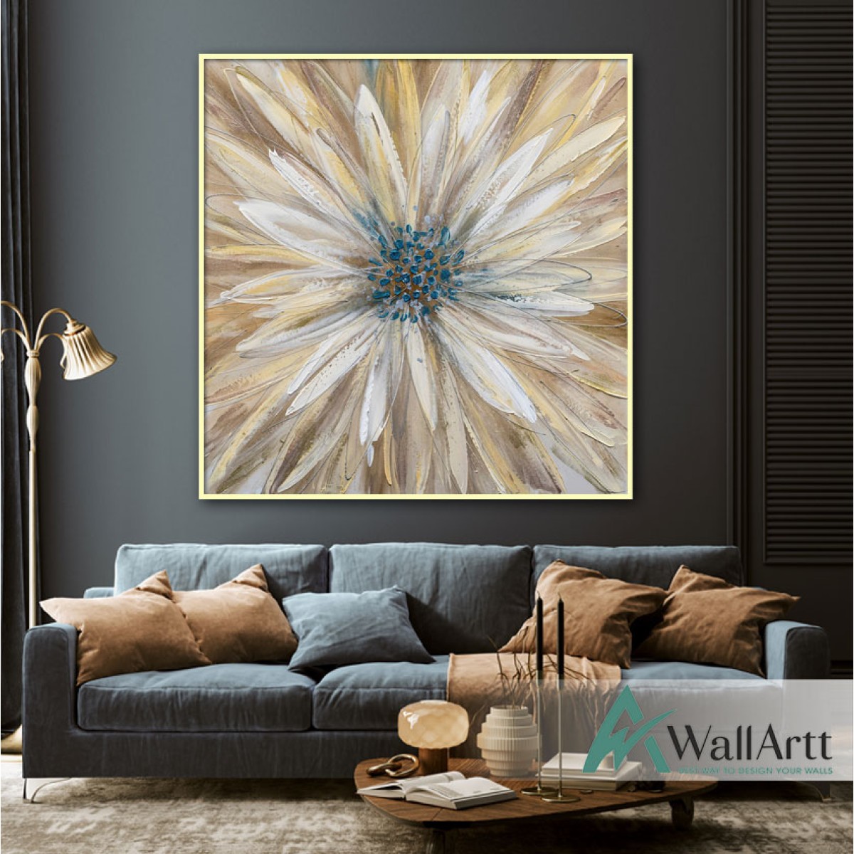 Beige Flower with Gold Textured Partial Oil Painting