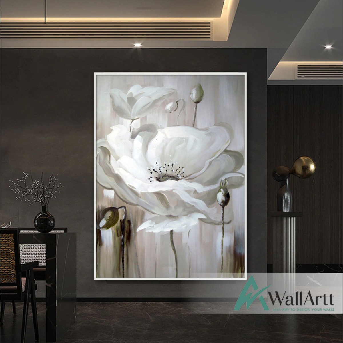 Classic White Flower Textured Partial Oil Painting