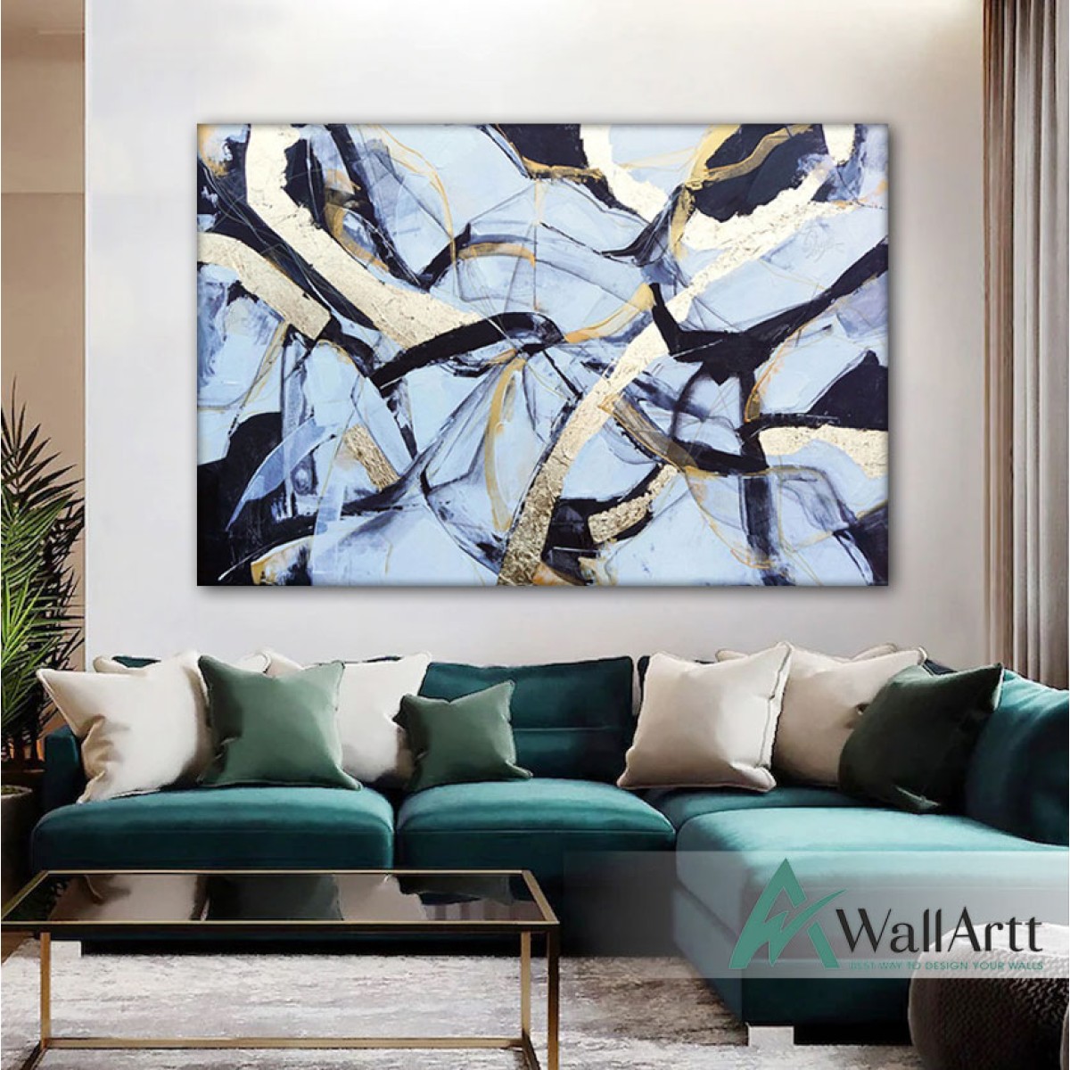Abstract Dark Navy n Gold Textured Partial Oil Painting