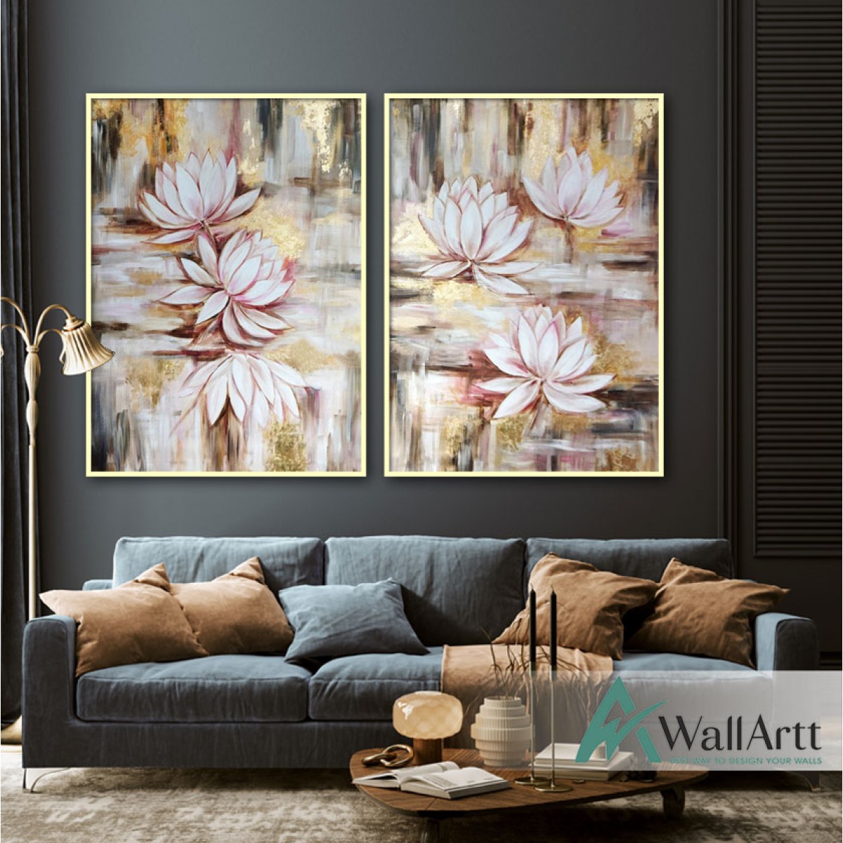 Abstract Gold Flowers 2 Piece Textured Partial Oil Painting